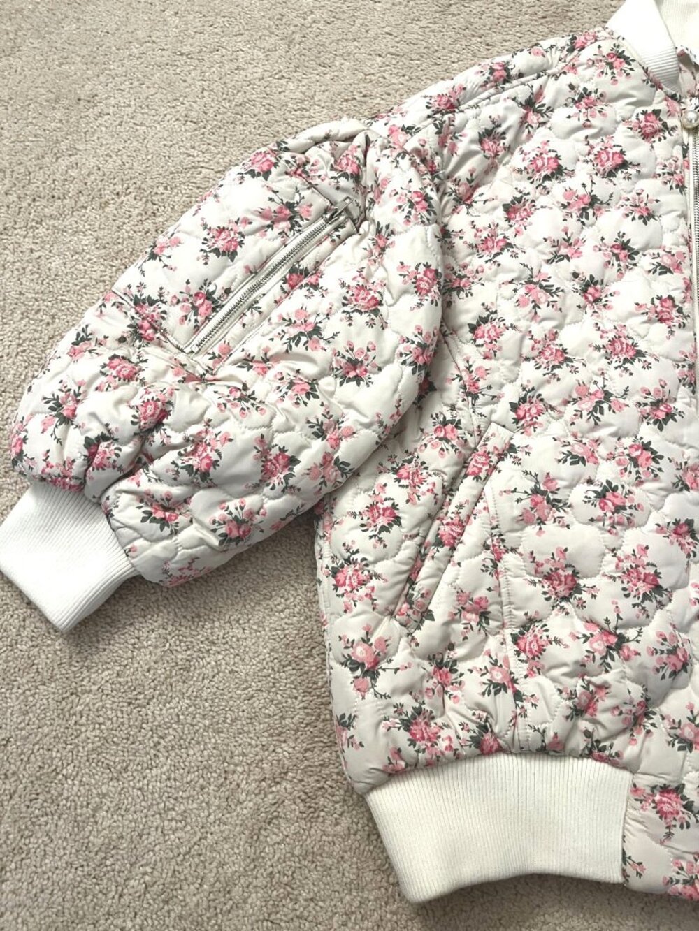 Mable Mallory Oversized Floral Bomber Jacket SMALL Cream Pink Anthropologie - Picture 5 of 13